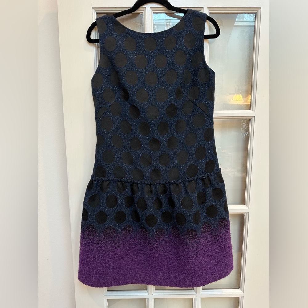 Vintage Sara Campbell Wool Black Purple Ombre Drop Waist Polka Dot Dress Size 4